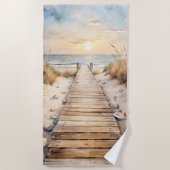 Serviette De Plage Aquarelle de Sunset Beach Boardwalk (Devant)