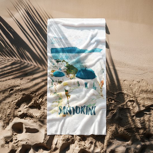 Serviette De Plage Aquarelle de voyage Santorin Grèce