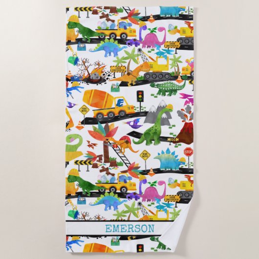 Serviette De Plage Aquarelle Dinosaure Construction Enfants mignonnes (Devant)