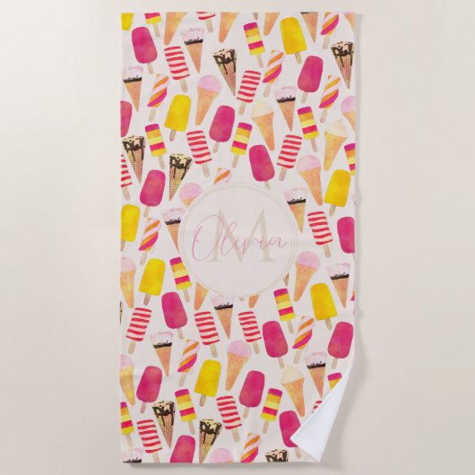 Serviette De Plage Aquarelle douce été crème glacée (Devant)