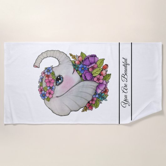 Serviette De Plage Aquarelle Eléphant Avec Fleurs Sauvages (Devant)