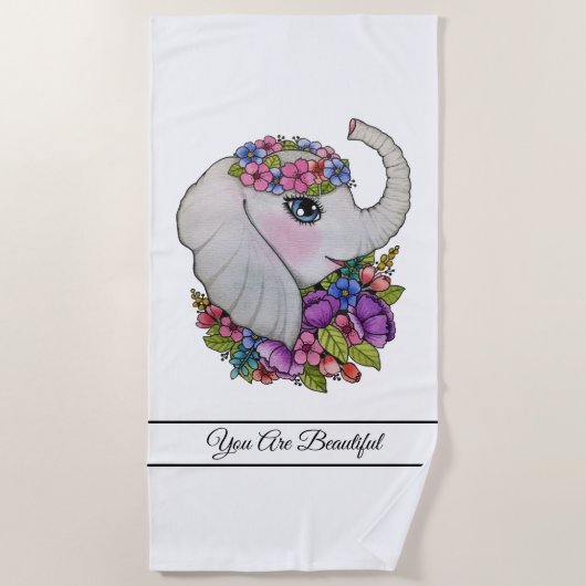 Serviette De Plage Aquarelle Eléphant Avec Fleurs Sauvages (Devant)