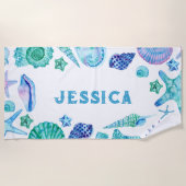 Serviette De Plage Aquarelle et Starfish Nom été (Devant)