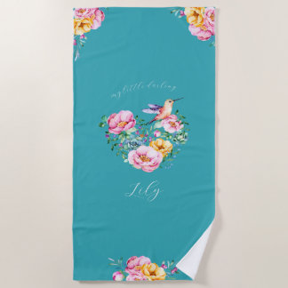 Serviette De Plage Aquarelle Fleur Coeur et Colibri