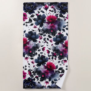 Serviette De Plage Aquarelle florale magenta rose et bleu épais