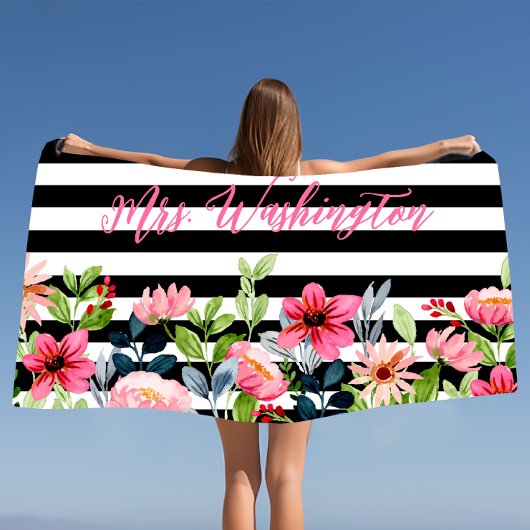 Serviette De Plage Aquarelle florale noire blanche rayée