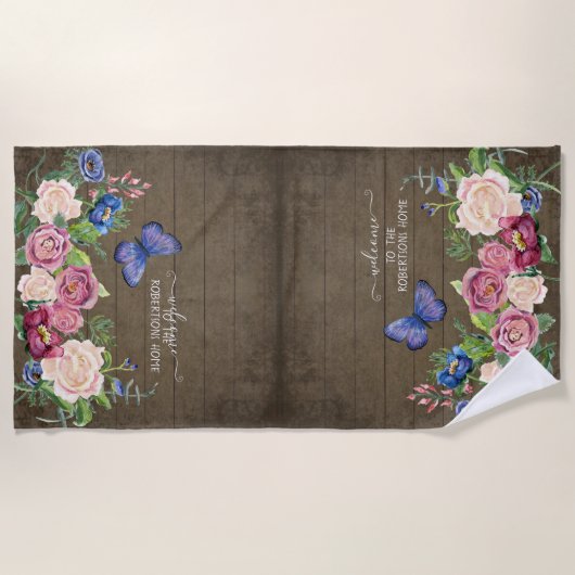 Serviette De Plage Aquarelle florale rustique Nom personnalisé (Devant)