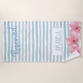 Serviette De Plage Aquarelle gris Réservée Bande rose Nom floral (Devant)
