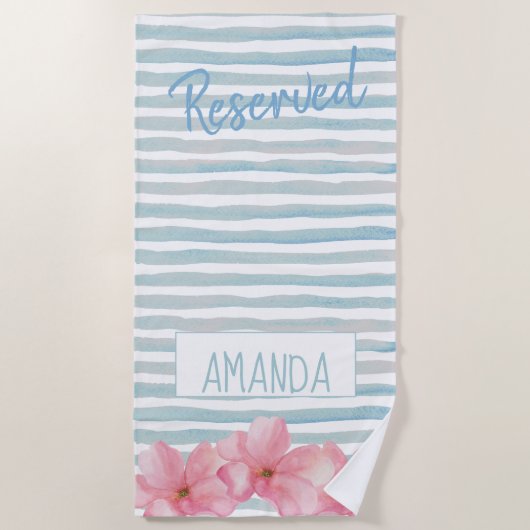 Serviette De Plage Aquarelle gris Réservée Bande rose Nom floral (Devant)