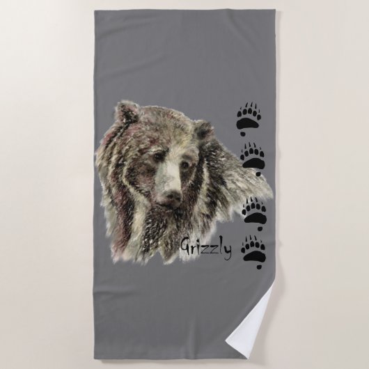Serviette De Plage Aquarelle Grizzly Ours avec traces Nature animale (Devant)