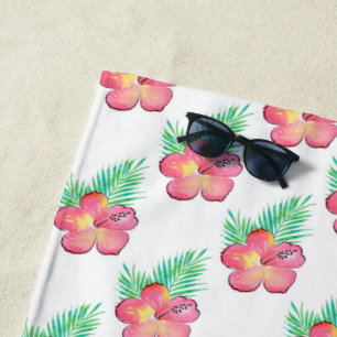 Serviette De Plage Aquarelle Hibiscus Palm Fronds Motif