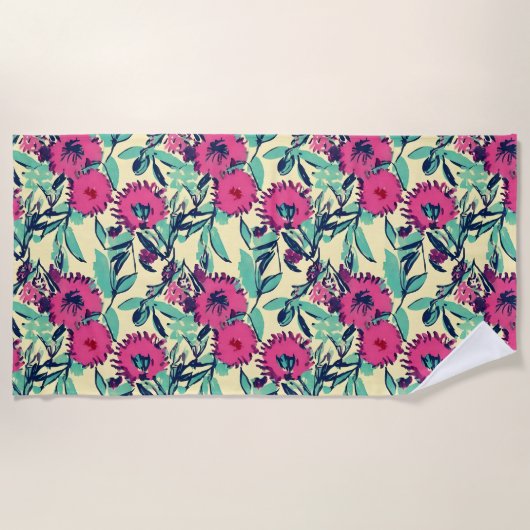Serviette De Plage Aquarelle inspirée rose + vert Botanique Floral (Devant)