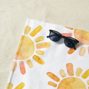 Serviette De Plage Aquarelle Jaune Or Soleil Et Rayons Motif