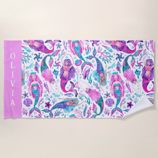 Serviette De Plage Aquarelle Mermaids Coques de mer + Starfish (Devant)