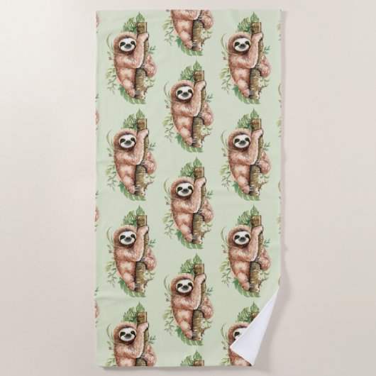 Serviette De Plage Aquarelle mignonne Sloth & Feuilles tropicaux (Devant)
