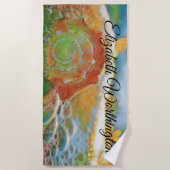Serviette De Plage Aquarelle moderne orange et coquillage vert (Devant)
