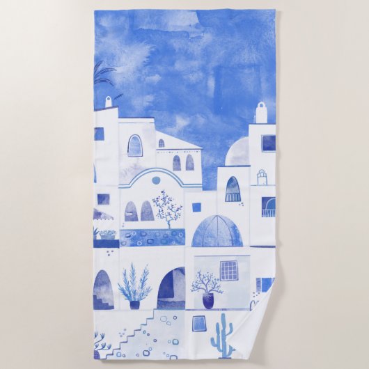 Serviette De Plage Aquarelle moderne Santorin Grèce île (Devant)