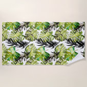 Serviette De Plage Aquarelle Noir Vert Tropical Feuille Motif (Devant)