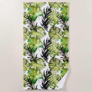 Serviette De Plage Aquarelle Noir Vert Tropical Feuille Motif