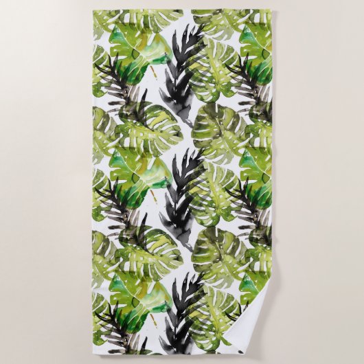 Serviette De Plage Aquarelle Noir Vert Tropical Feuille Motif (Devant)