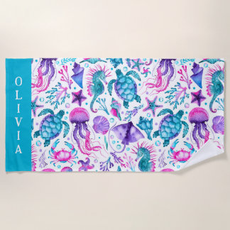 Serviette De Plage Aquarelle Océan Créatures sous la mer