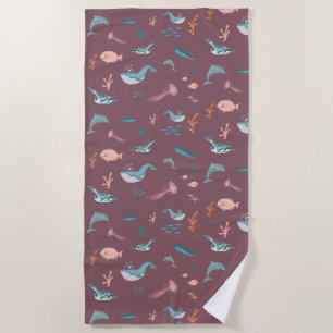 Serviette De Plage Aquarelle Océan Sea Animaux Motif rose pâle