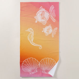 Serviette De Plage Aquarelle orange et rose et vie marine