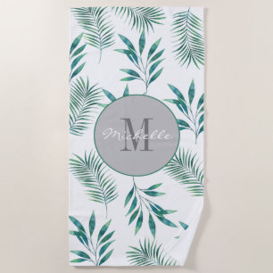 Serviette De Plage Aquarelle Palm Feuilles Personnalisé Monogramme Pr