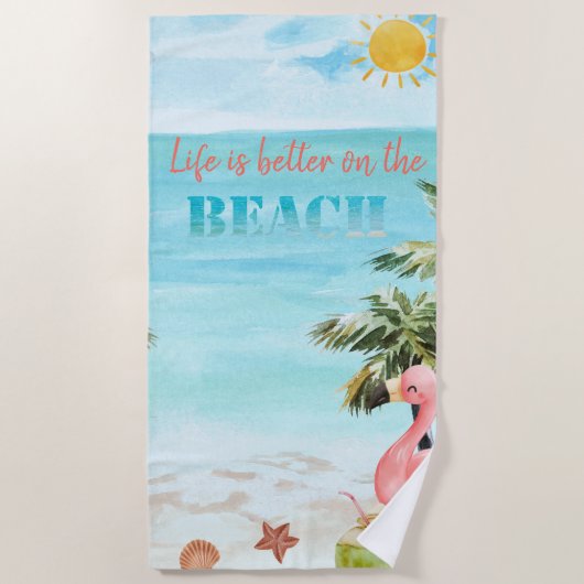 Serviette De Plage Aquarelle Palm Flamants roses rose soleil (Devant)