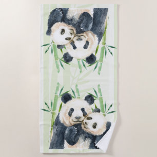 Serviette De Plage Aquarelle Panda Ours Maman & Bébé en Bambou