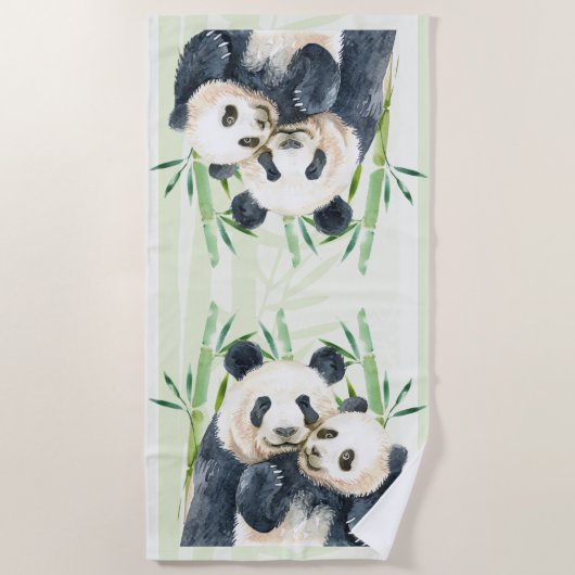 Serviette De Plage Aquarelle Panda Ours Maman & Bébé en Bambou (Devant)