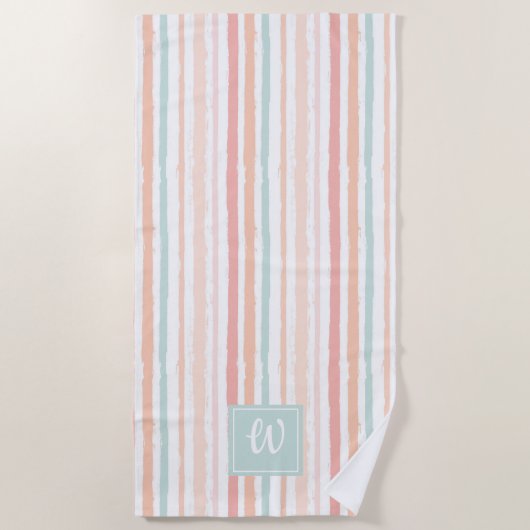 Serviette De Plage Aquarelle Pastel Rose Peach Stripes Monogramme (Devant)