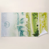 Serviette De Plage Aquarelle Paysage Bleu Vert Jaune Monogramme (Devant)