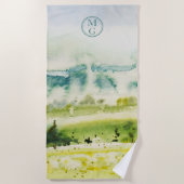 Serviette De Plage Aquarelle Paysage Bleu Vert Jaune Monogramme (Devant)