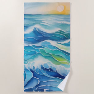 Serviette De Plage Aquarelle peinture des vagues bleues