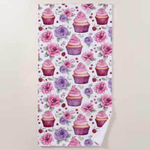 Serviette De Plage Aquarelle Pink and Purple Cupcakes and Flowers