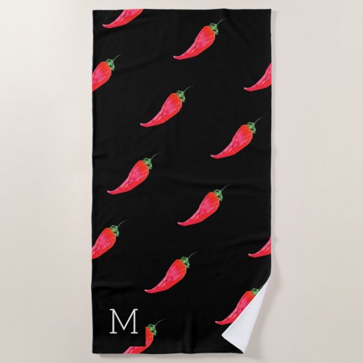 Serviette De Plage Aquarelle Poivrons Rouges Initiale (Devant)