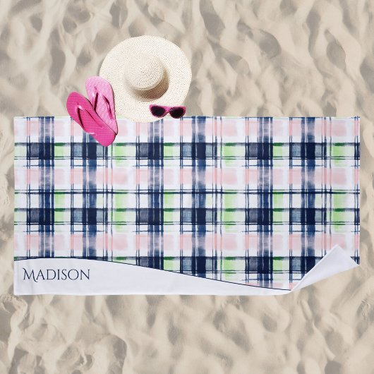Serviette De Plage Aquarelle Preppy Plaid Blue Rose Nom personnalisé