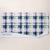 Serviette De Plage Aquarelle Preppy Plaid Blue Rose Nom personnalisé (Devant)