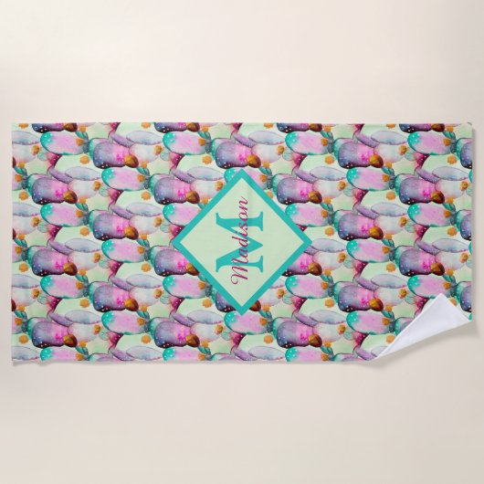 Serviette De Plage Aquarelle Prickly Pear Cactus Fleurs Monogramme (Devant)