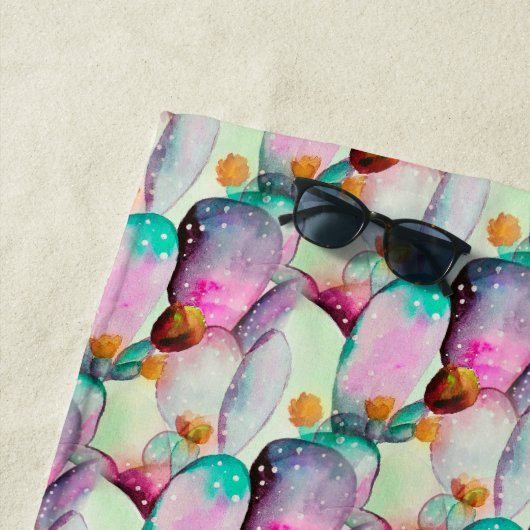 Serviette De Plage Aquarelle Prickly Pear Cactus Fleurs Monogramme (En situation)