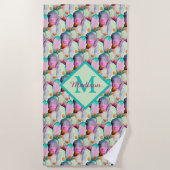 Serviette De Plage Aquarelle Prickly Pear Cactus Fleurs Monogramme (Devant)