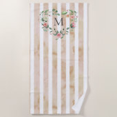 Serviette De Plage aquarelle rayures fleurie couronne monogramme (Devant)