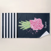 Serviette De Plage Aquarelle rose ananas bleu rayé (Devant)