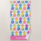 Serviette De Plage Aquarelle rose ananas tropicale Nom personnalisé (Devant)