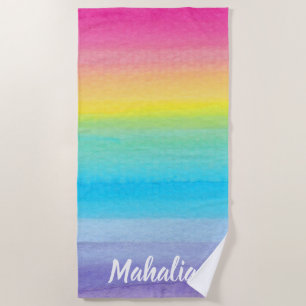 Serviette De Plage Aquarelle rose Arc-en-ciel Nom Style moderne