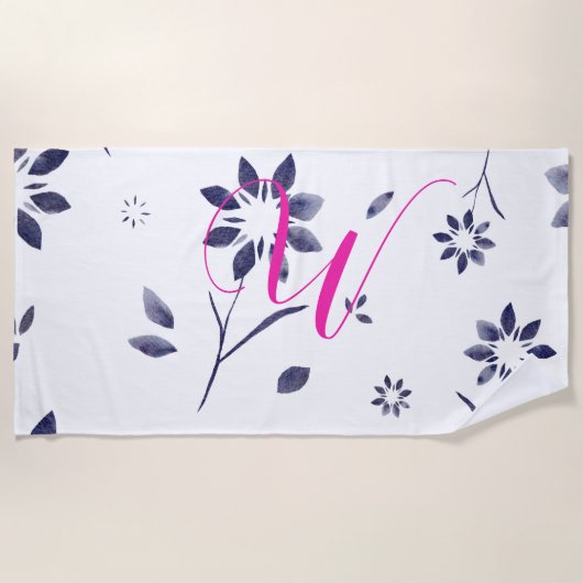 Serviette De Plage Aquarelle rose chaud Monogramme (Devant)