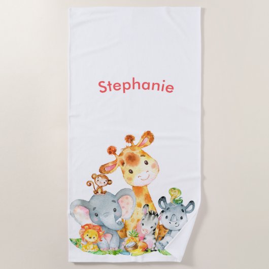 Serviette De Plage Aquarelle rose Cute Safari Jungle Animaux (Devant)