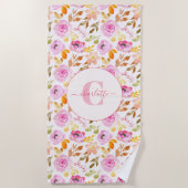 Serviette De Plage Aquarelle rose d'été Monogramme floral et nom (Devant)