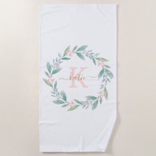 Serviette De Plage Aquarelle rose Floral Wreath Monogramme